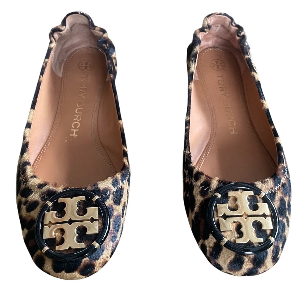 Tory Burch Minnie Travel Ballet Flats Leopard Calf Hair Logo‎ Medallion 6.5M